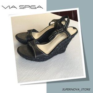 Via Spiga Espadrille Wedge Leather Sandals Black